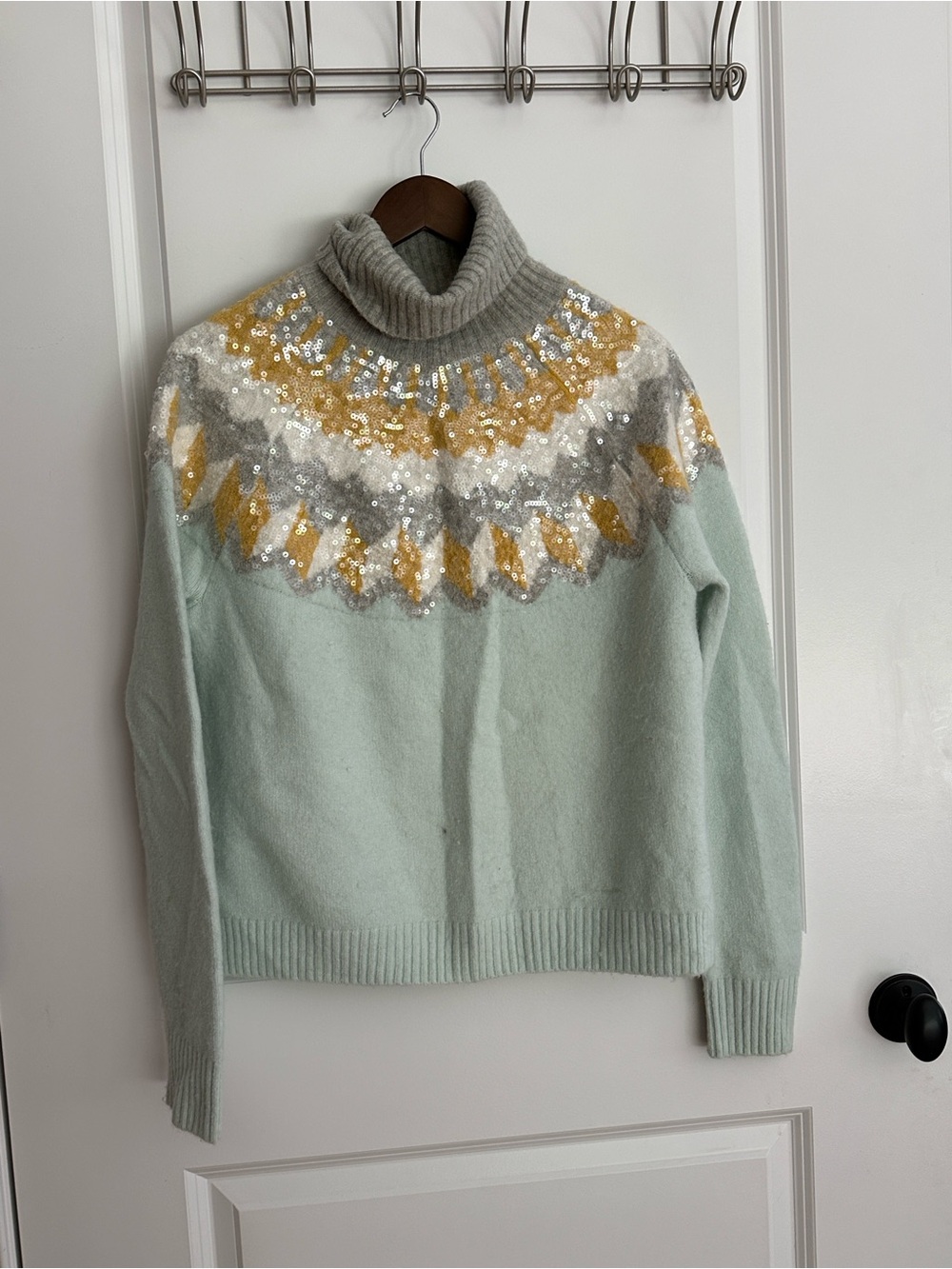 J. Crew Light Mint Turtleneck Sweater with Sequin Gold and Gray Yoke